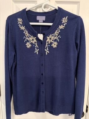 Laura Scott Navy Cardigan with Cream Embroidered Floral Yoke